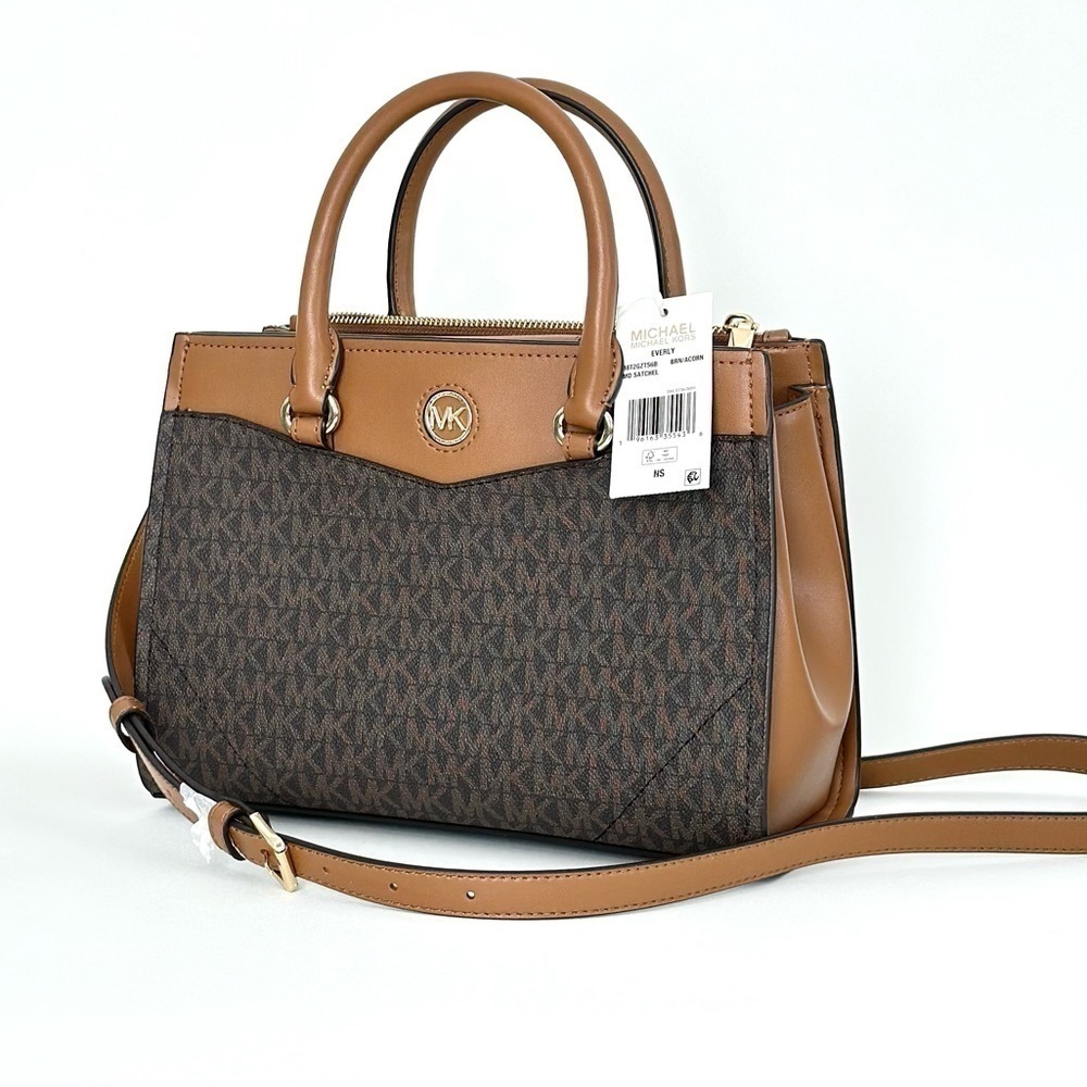Michael Kors Everly Medium Satchel Crossbody Bag Brown Acorn Designer Purse - Picture 3 of 16